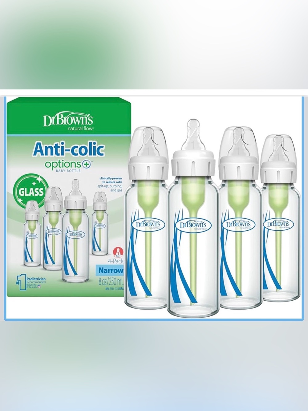 New Open Box Dr. Brown's Anti-Colic Options+ Narrow Glass Baby Bottle w Level 1